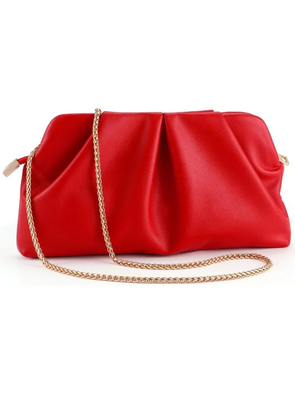 Women's Red Pleated Pu Clutch Purse For Dressy With Chain Formal Handbag